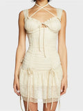 Ruched Floral Lace Halter Tie Keyhole Double Strap Mini Dress