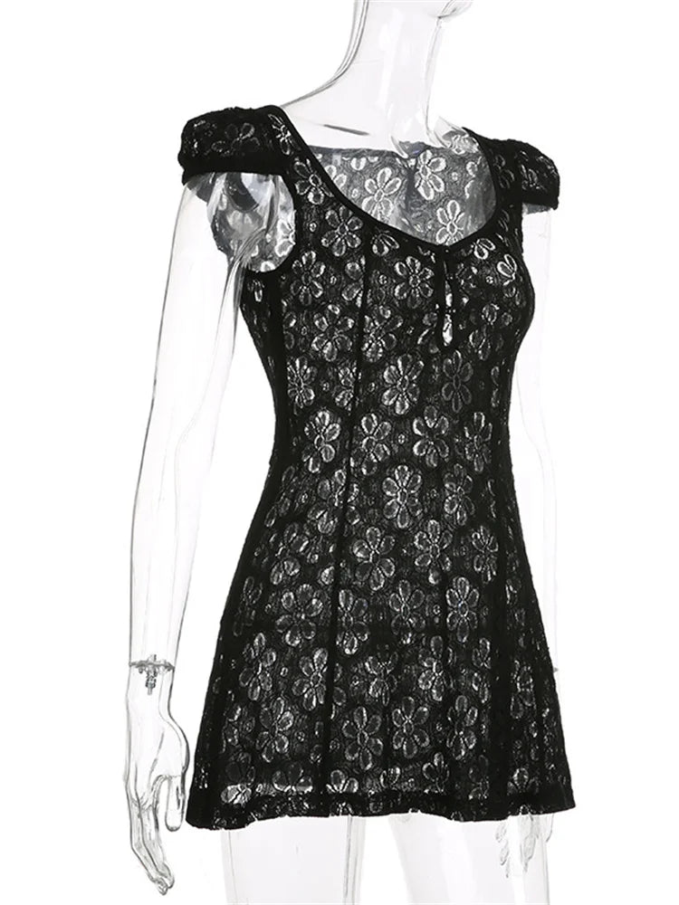 Floral Lace Sweetheart Neck Keyhole Button Cap Sleeve Bodycon Mini Dress