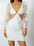 Plunging Tie Front Cut Out Puff Sleeve Floral Lace Mini Dress