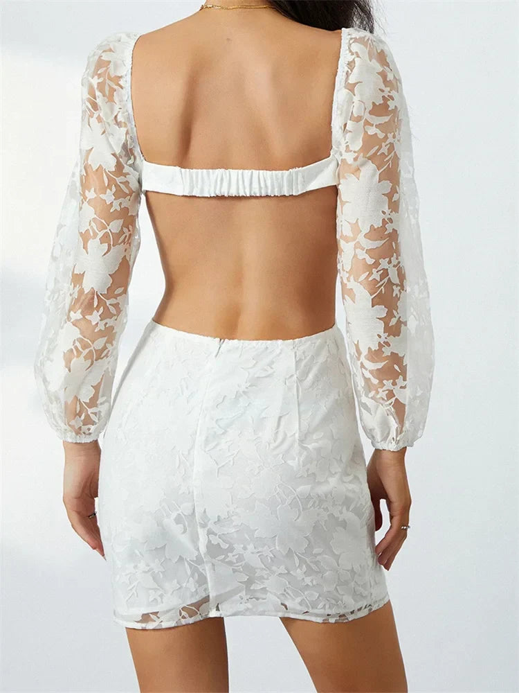 Plunging Tie Front Cut Out Puff Sleeve Floral Lace Mini Dress