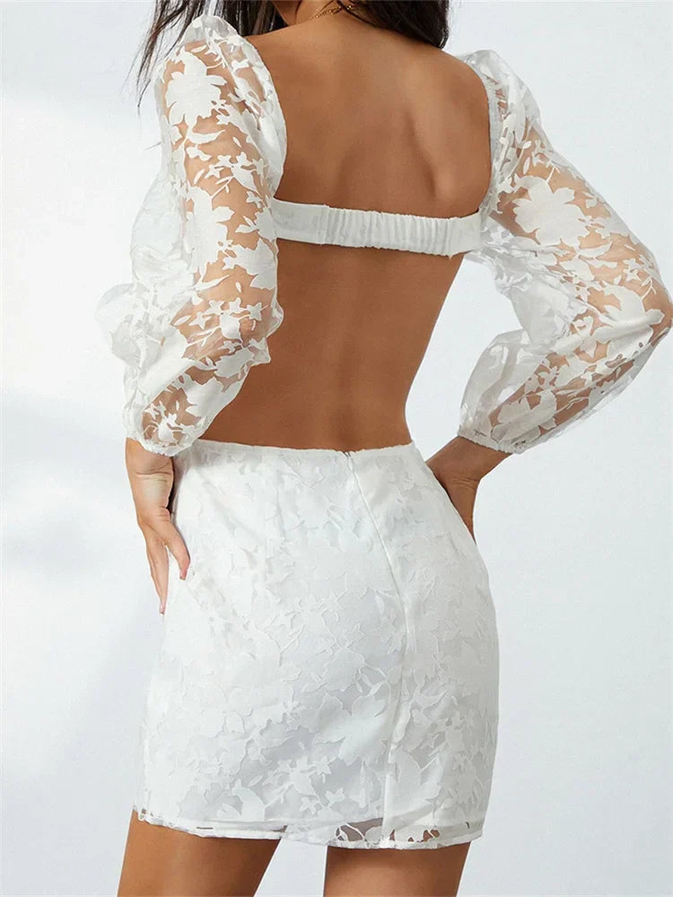 Plunging Tie Front Cut Out Puff Sleeve Floral Lace Mini Dress