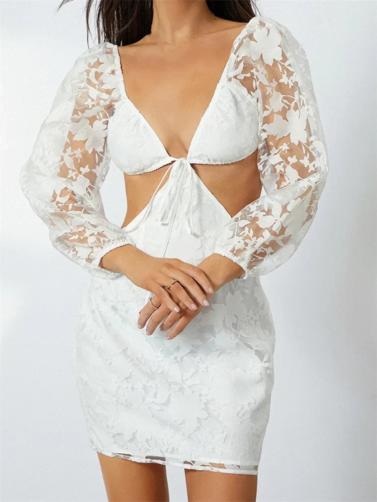 Plunging Tie Front Cut Out Puff Sleeve Floral Lace Mini Dress