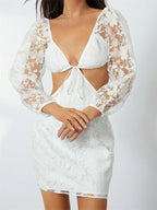 Plunging Tie Front Cut Out Puff Sleeve Floral Lace Mini Dress