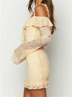 Paisley Lace Off Shoulder Ruffle Trim Long Sleeve Mini Dress