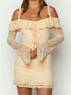 Paisley Lace Off Shoulder Ruffle Trim Long Sleeve Mini Dress