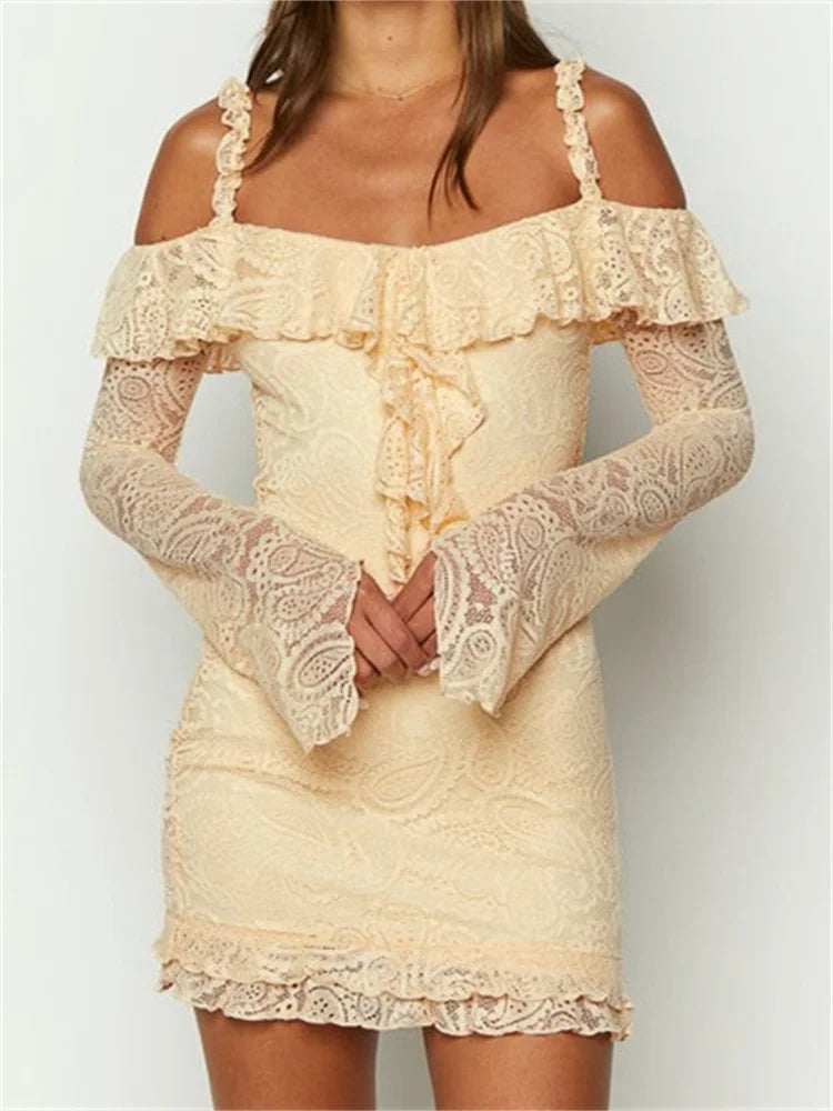 Paisley Lace Off Shoulder Ruffle Trim Long Sleeve Mini Dress