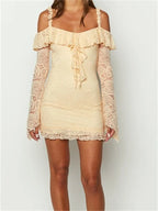 Paisley Lace Off Shoulder Ruffle Trim Long Sleeve Mini Dress