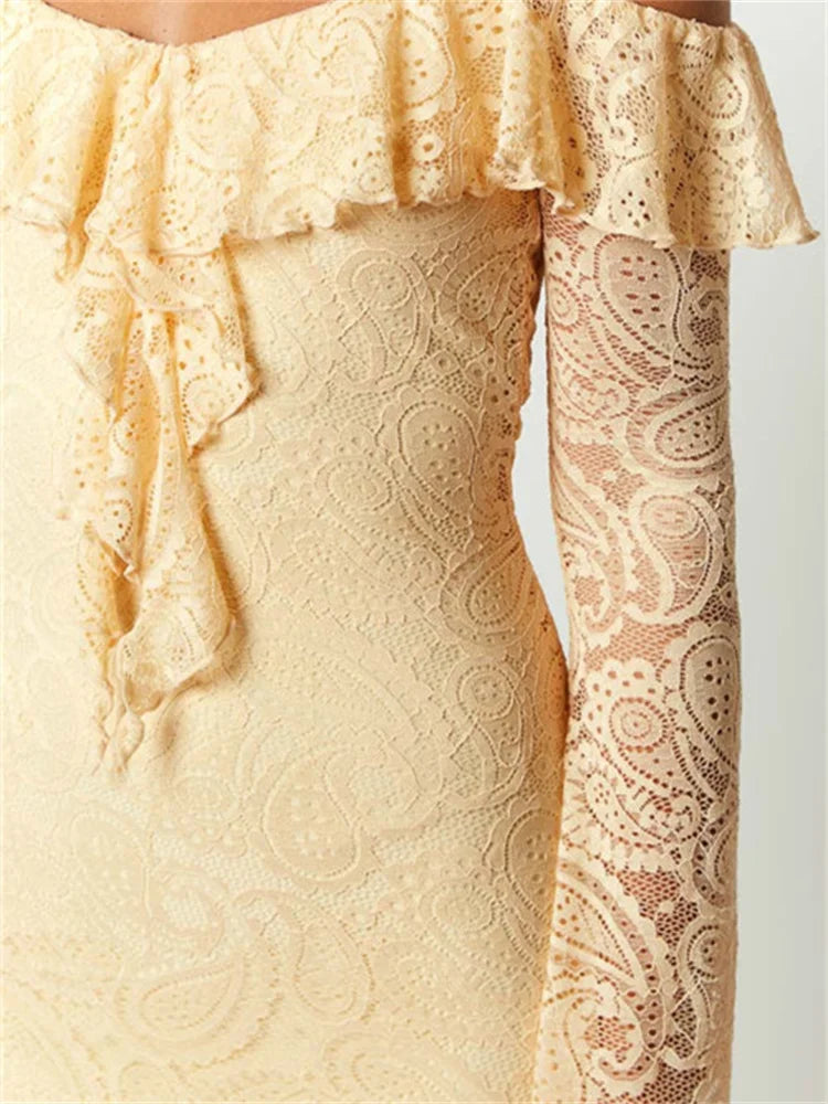 Paisley Lace Off Shoulder Ruffle Trim Long Sleeve Mini Dress