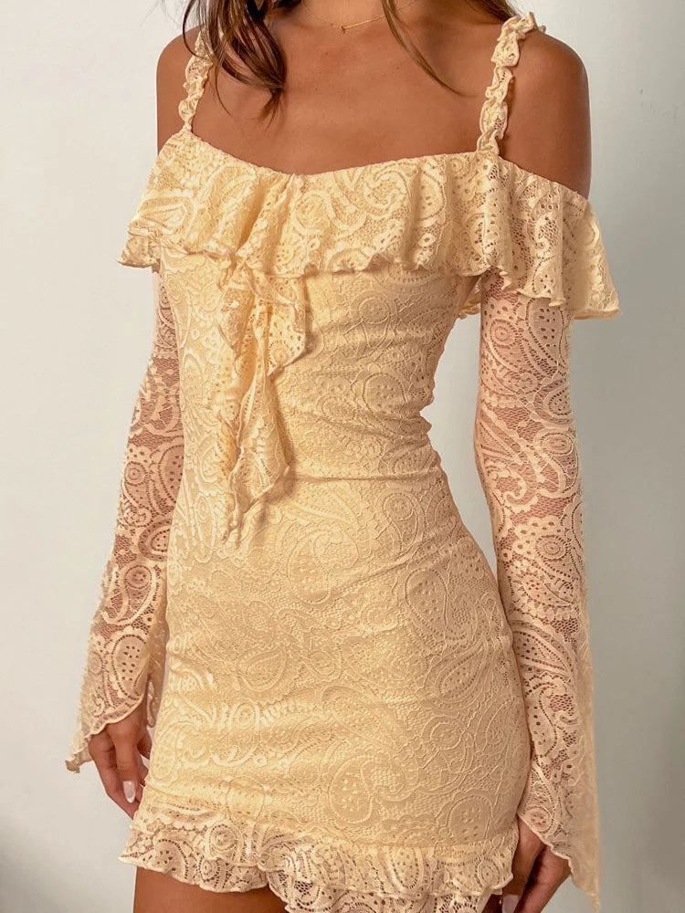 Paisley Lace Off Shoulder Ruffle Trim Long Sleeve Mini Dress