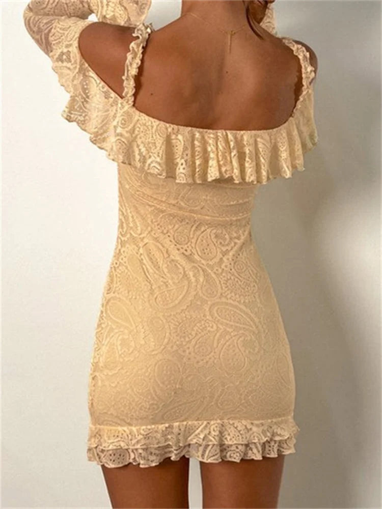 Paisley Lace Off Shoulder Ruffle Trim Long Sleeve Mini Dress