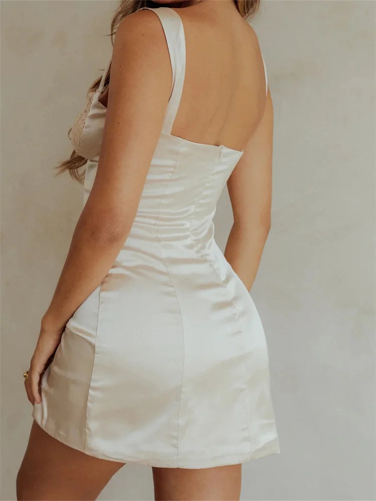 Floral Lace Sweetheart Neck Tie Front Satin Bodycon Mini Slip Dress