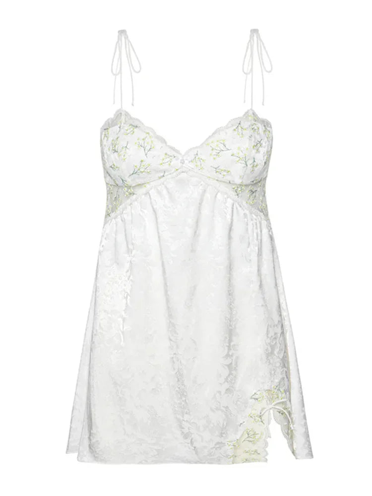 Floral Jacquard Tie Shoulder Sweetheart Neck Lace Trim Side Slit Mini Slip Dress