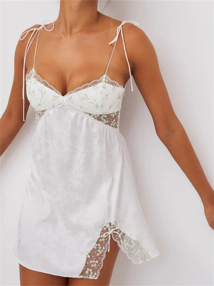Floral Jacquard Tie Shoulder Sweetheart Neck Lace Trim Side Slit Mini Slip Dress
