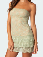 Floral Lace Tiered Ruffle Strapless Bodycon Mini Dress