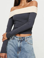 Long Sleeve Crop Contrast Color Off-Shoulder Casual Club Streetwear Aesthetic T-shirts