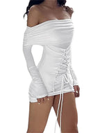 Off Shoulder Lace Up Front Long Sleeve Bodycon Mini Dress