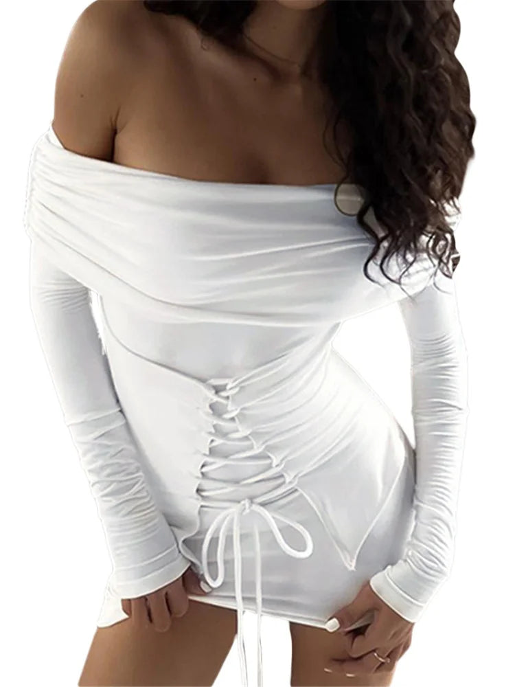 Off Shoulder Lace Up Front Long Sleeve Bodycon Mini Dress