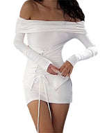 Off Shoulder Lace Up Front Long Sleeve Bodycon Mini Dress