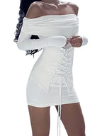 Off Shoulder Lace Up Front Long Sleeve Bodycon Mini Dress
