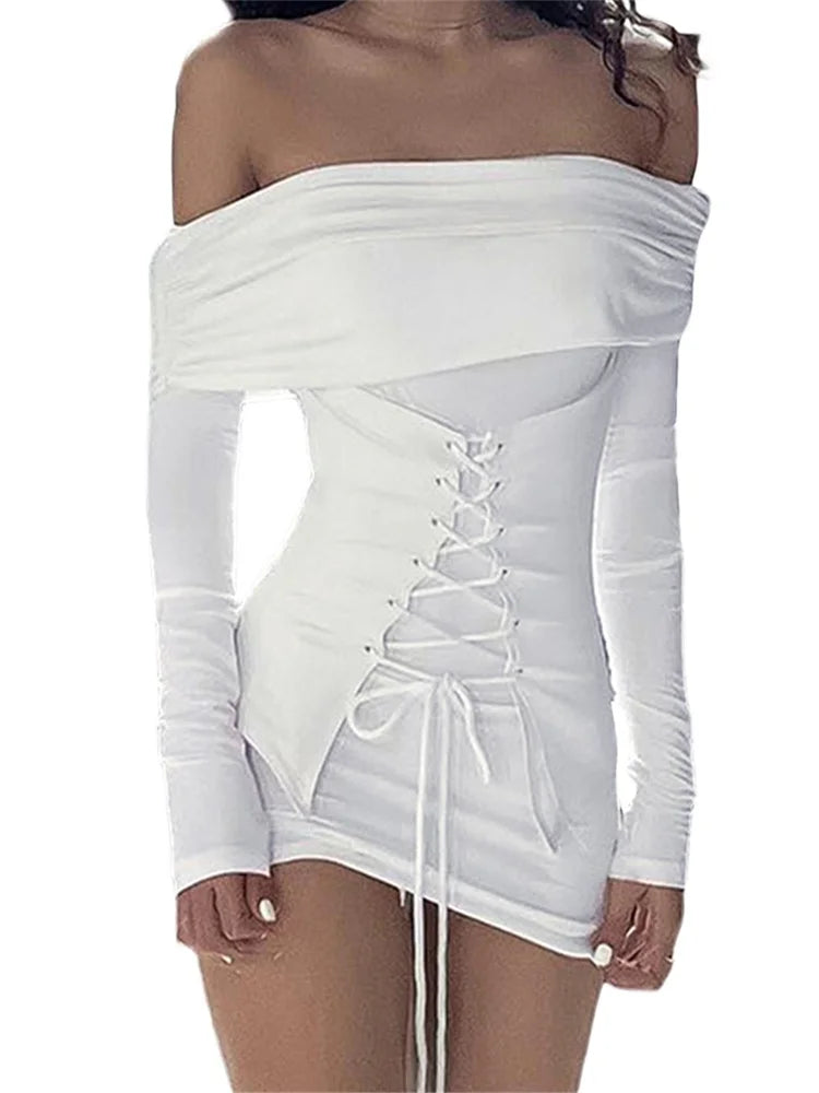 Off Shoulder Lace Up Front Long Sleeve Bodycon Mini Dress