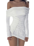 Off Shoulder Lace Up Front Long Sleeve Bodycon Mini Dress