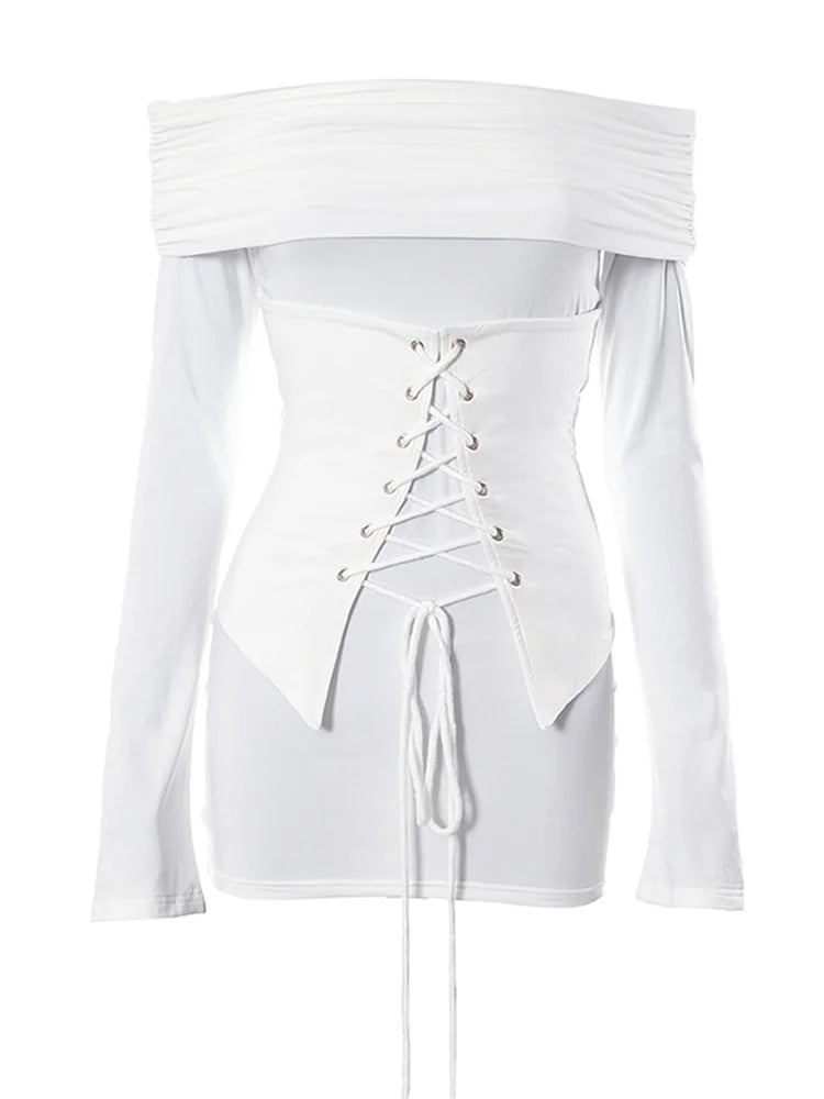 Off Shoulder Lace Up Front Long Sleeve Bodycon Mini Dress