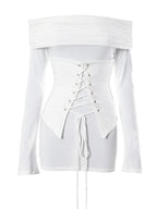 Off Shoulder Lace Up Front Long Sleeve Bodycon Mini Dress
