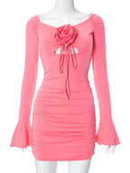 Off Shoulder Ruched Rosette Keyhole Bell Sleeve Bodycon Mini Dress