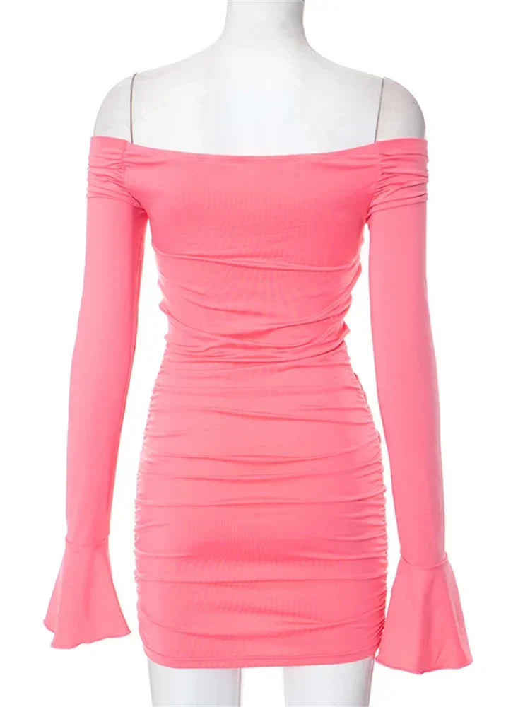Off Shoulder Ruched Rosette Keyhole Bell Sleeve Bodycon Mini Dress