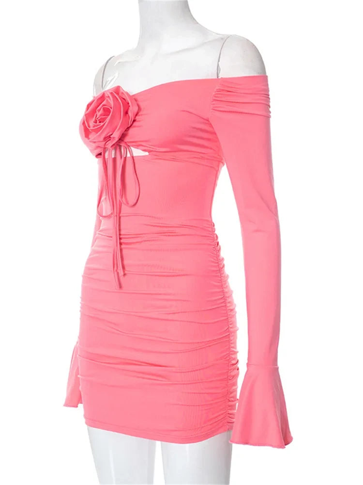 Off Shoulder Ruched Rosette Keyhole Bell Sleeve Bodycon Mini Dress