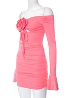 Off Shoulder Ruched Rosette Keyhole Bell Sleeve Bodycon Mini Dress