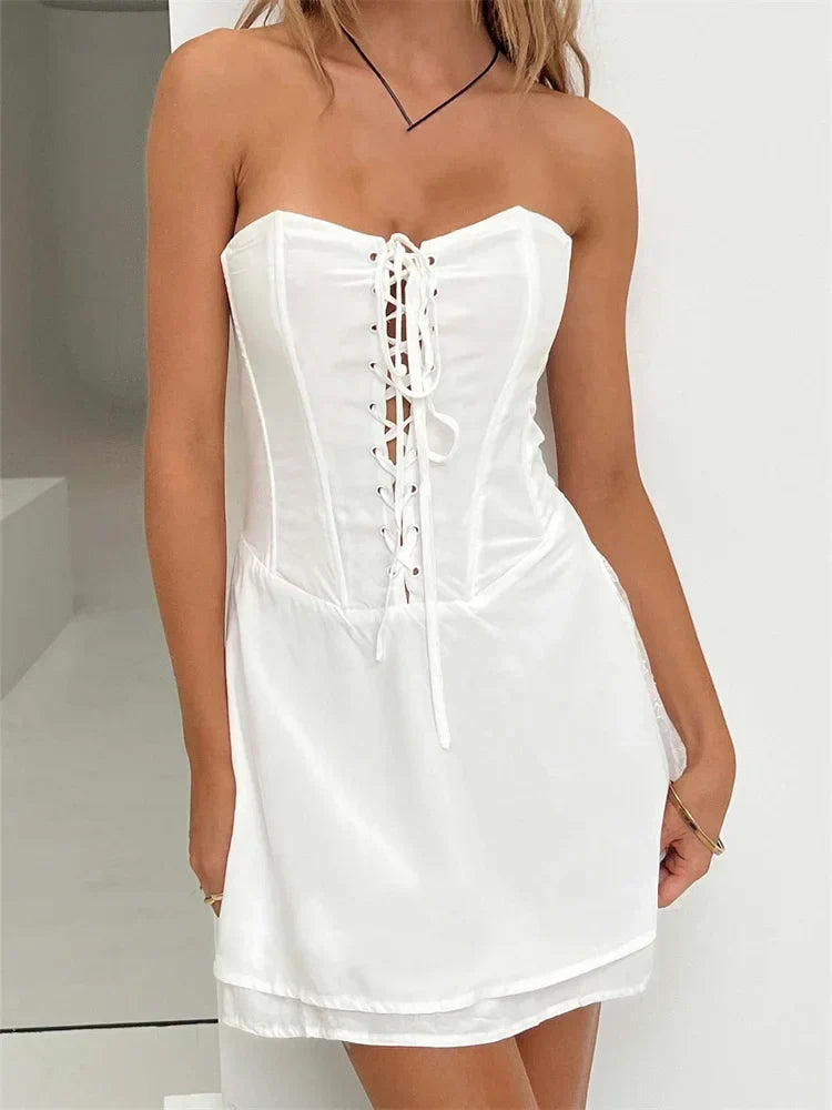 Strapless Corset Lace Up Tiered Hem Mini Dress