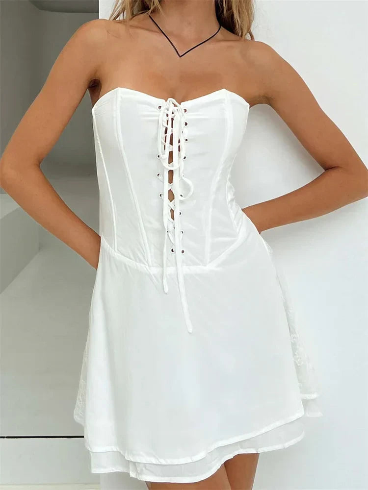Strapless Corset Lace Up Tiered Hem Mini Dress