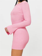 Ribbed Knit Off Shoulder Long Sleeve Bodycon Mini Dress