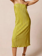Strapless Plisse Lettuce Hem Tube Bodycon Midi Dress