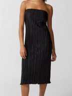 Strapless Plisse Lettuce Hem Tube Bodycon Midi Dress