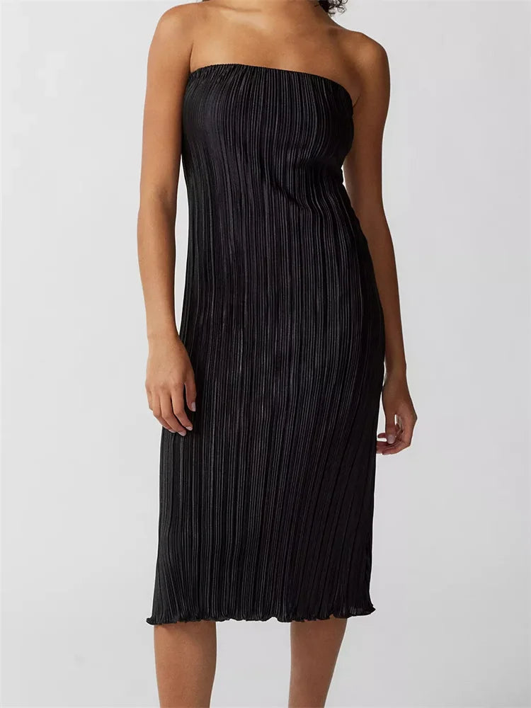 Strapless Plisse Lettuce Hem Tube Bodycon Midi Dress