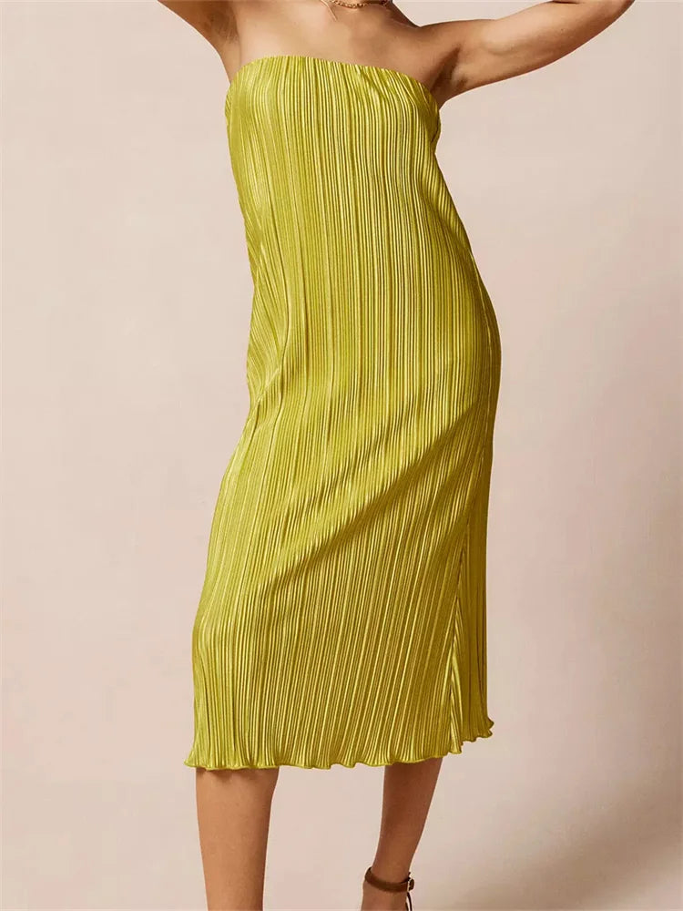 Strapless Plisse Lettuce Hem Tube Bodycon Midi Dress