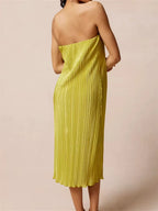 Strapless Plisse Lettuce Hem Tube Bodycon Midi Dress