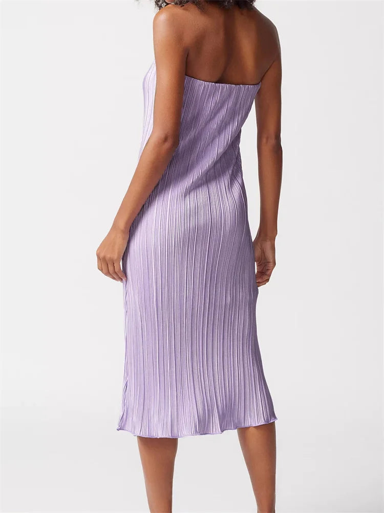 Strapless Plisse Lettuce Hem Tube Bodycon Midi Dress
