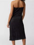 Strapless Plisse Lettuce Hem Tube Bodycon Midi Dress