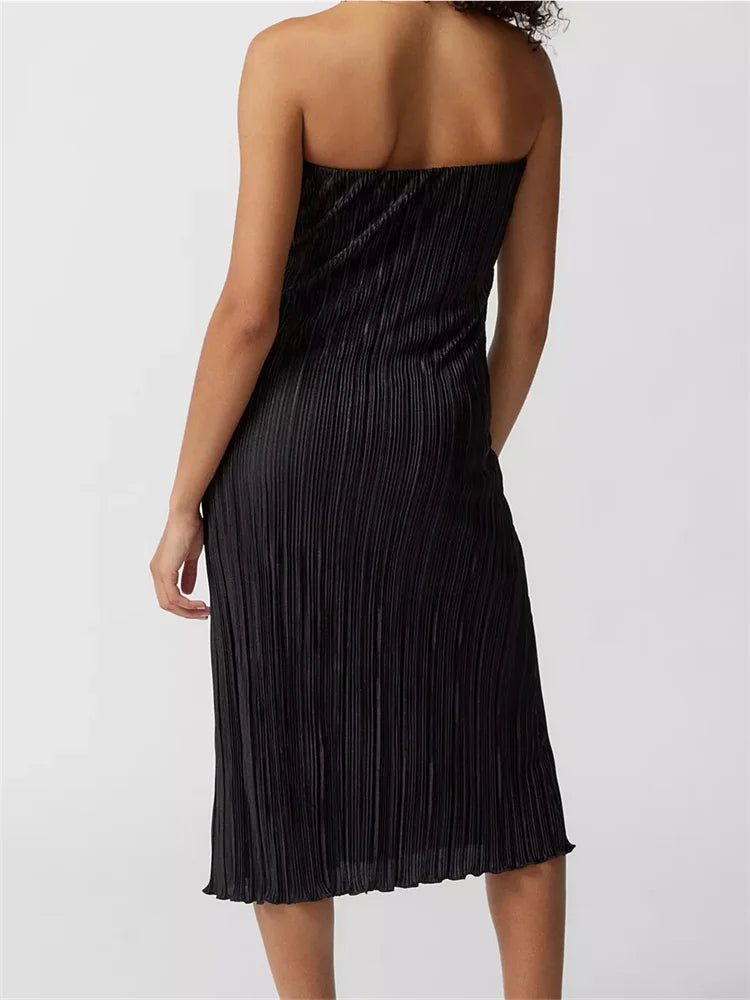 Strapless Plisse Lettuce Hem Tube Bodycon Midi Dress