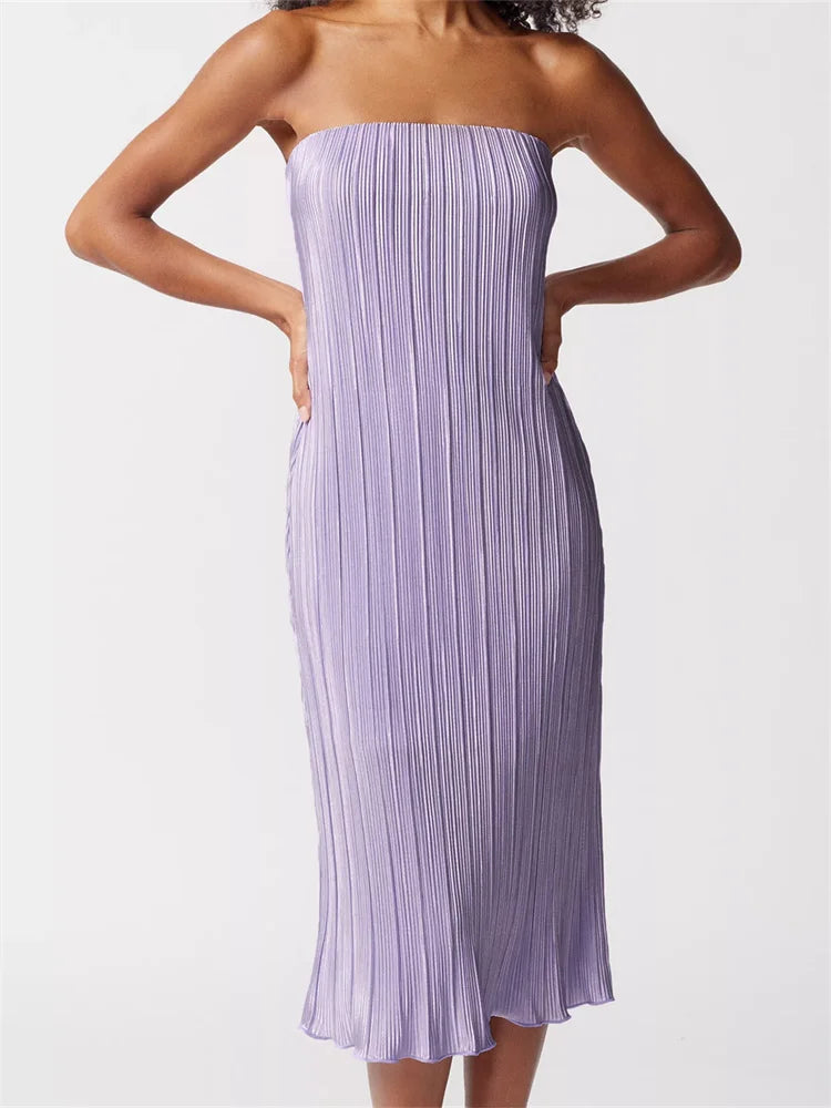 Strapless Plisse Lettuce Hem Tube Bodycon Midi Dress