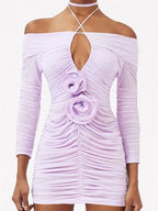 Off Shoulder Halter Keyhole Rosette Applique Ruched Long Sleeve Bodycon Mini Dress