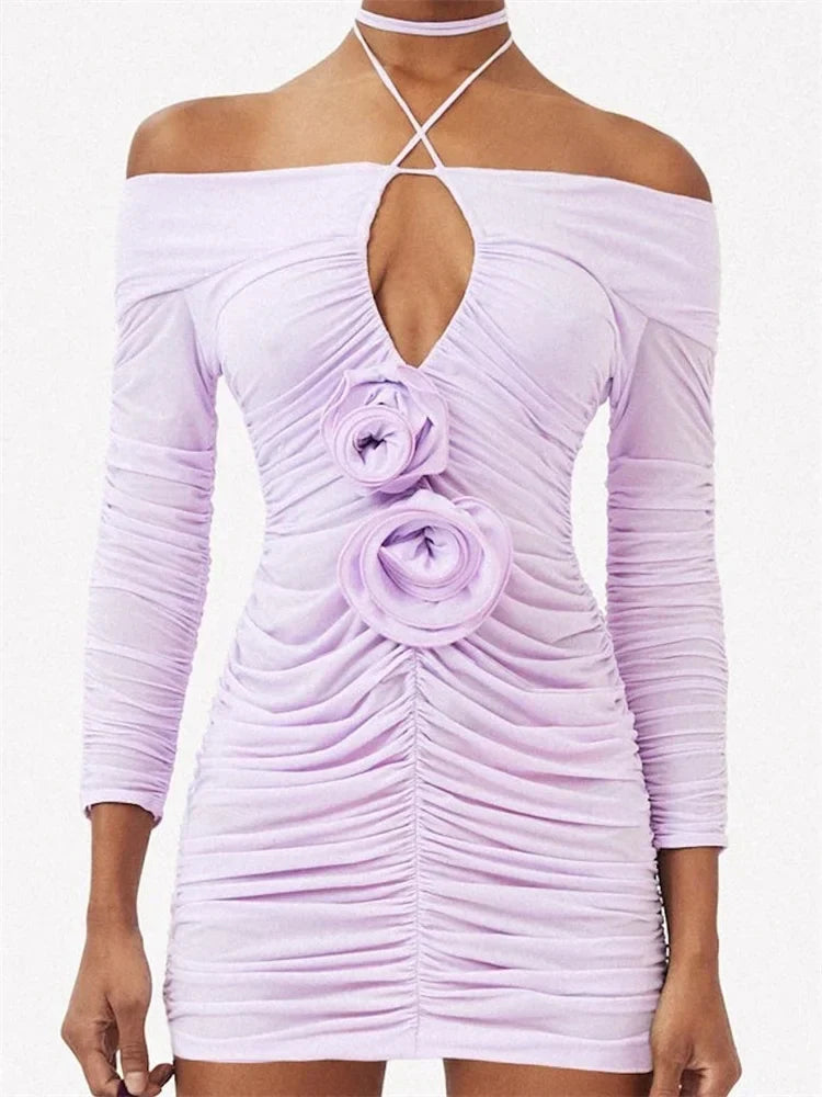 Off Shoulder Halter Keyhole Rosette Applique Ruched Long Sleeve Bodycon Mini Dress