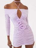 Off Shoulder Halter Keyhole Rosette Applique Ruched Long Sleeve Bodycon Mini Dress