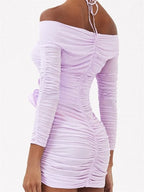Off Shoulder Halter Keyhole Rosette Applique Ruched Long Sleeve Bodycon Mini Dress