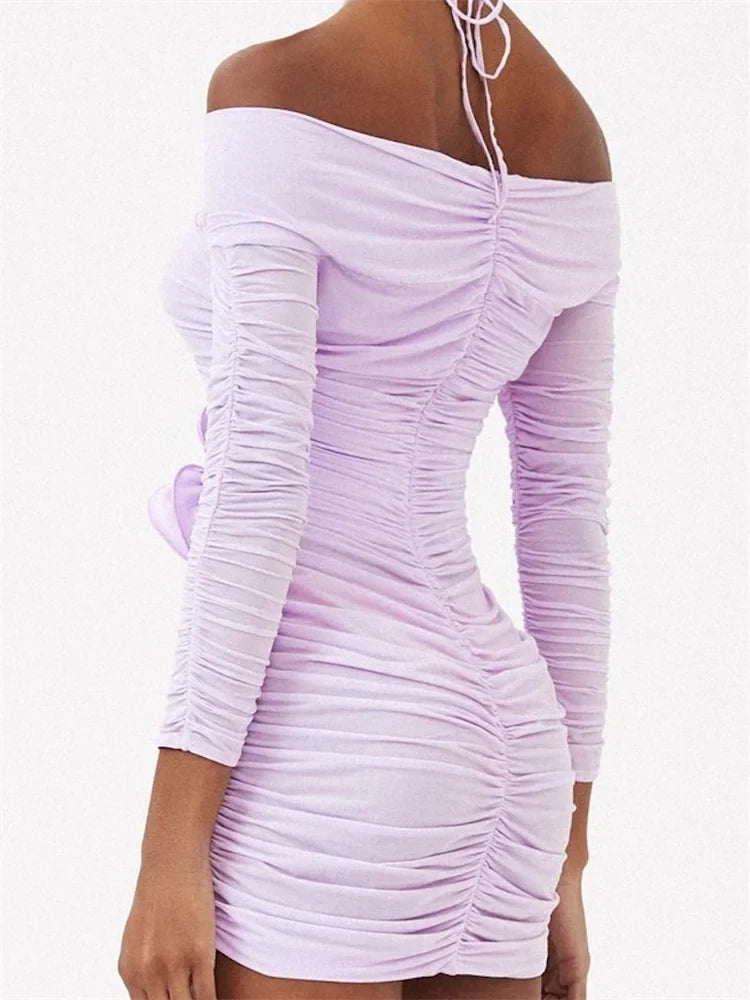 Off Shoulder Halter Keyhole Rosette Applique Ruched Long Sleeve Bodycon Mini Dress