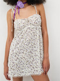 Floral Lace Milkmaid Tie Shoulder Ruffle Trim Mini Dress