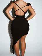 Off Shoulder Deep V Neck Ruffle Trim Asymmetrical Hem Mini Dress